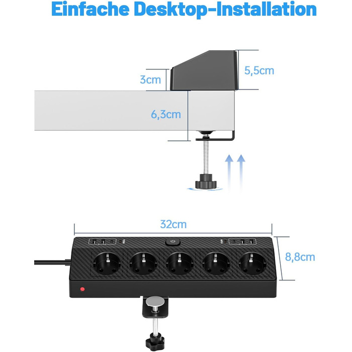 Мережевий фільтр PASSUS з 5 розетками, 2 USB-C (PD 30W), захист від перенапруги, індивідуальне вмикання, 10-в-1, з кабелем 2м, для офісу, чорний