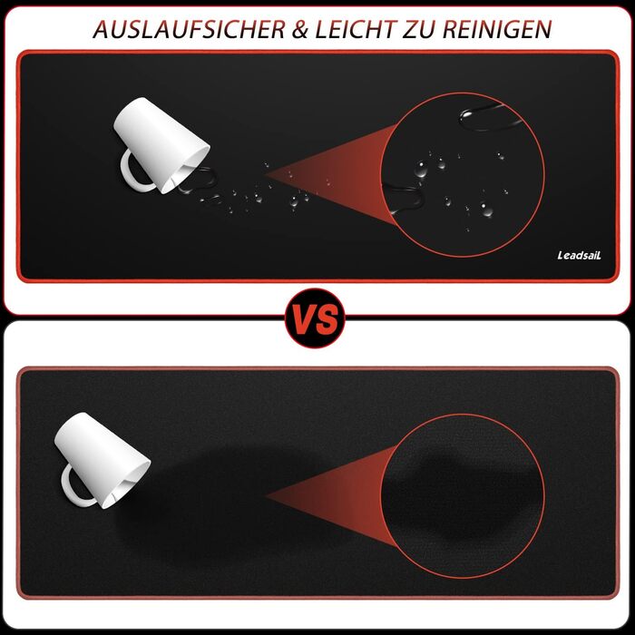 Leadsail XXL килимок для миші та клавіатури (800x300x4 мм), антивологий, преміум-текстура, для геймерів, PC, червоний