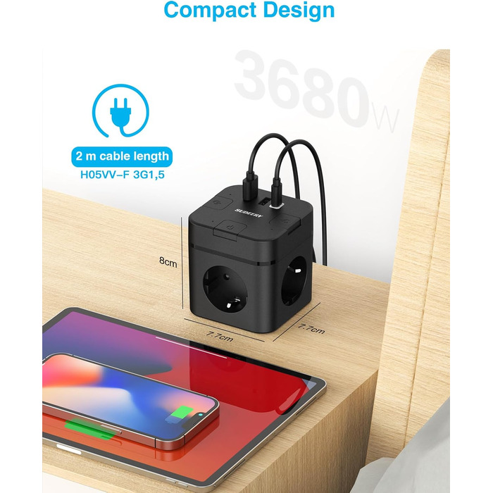 Багатофункціональний розподільник розеток 6 в 1 з USB-C, 3 розетки, індивідуальне вмикання, плоский штекер, кабель, 1 USB-C, для офісу, дому, подорожей (2м, чорний)