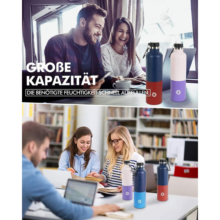 Фляга спортивна Feijian 1L з карабіном - термофляга з нержавіючої сталі, витримує напій з газом, без BPA, для спорту, відпочинку, школи, кемпінгу, велосипеду, армійський зелений (блакитний & червоний)