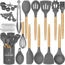Набір кухонного приладдя Umite Chef (33 шт.) - силіконові лопатки, дерев'яна ручка, антипригарне покриття, сірий