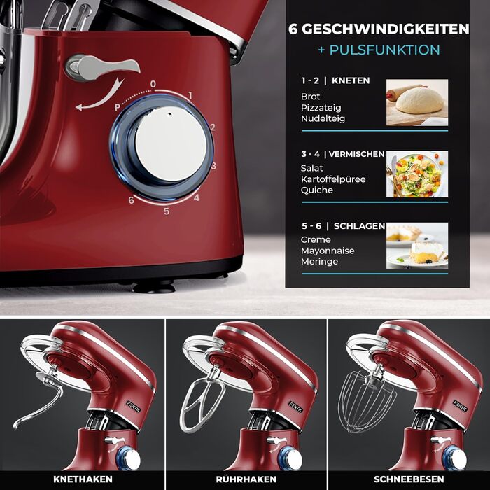 Fentic 2000W Stainless Steel Stand Mixer with 6.2L Bowl - Includes Dough Hook, Whisk, Beater & Splash Guard - Red
