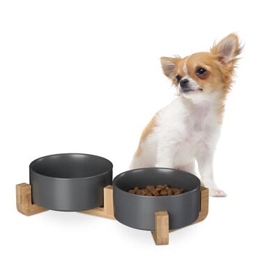 Relaxdays Ceramic Dog Bowl with Bamboo Stand