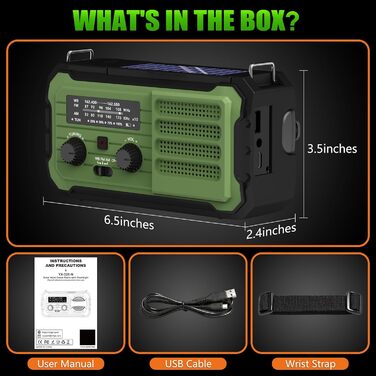Радіо Vokida для надзвичайних ситуацій з Power Bank 10000mAh, ручним заводом, AM/FM/NOAA, USB зарядкою, сонячною панеллю, ліхтариком та SOS-сигналом для кемпінгу та активного відпочинку