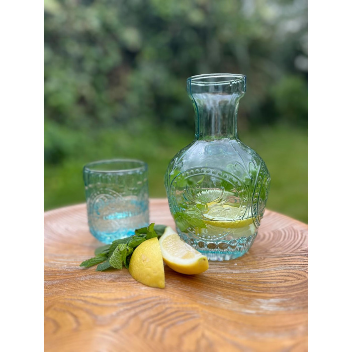 Curator Home Vintage Nightstand Water Carafe and Glass Set - 750 ml Capacity - Elegant Glass Jug for Water, Juice, or Wine - Stylish Home Decor for Kitchen or Dining Room (Light Blue)