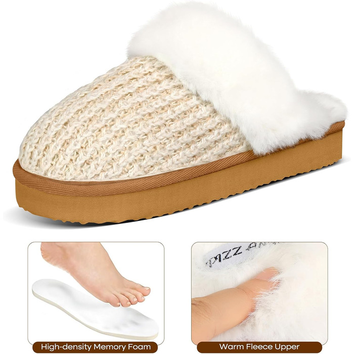 Тапочки жіночі зимові PIZZ ANNU з плюшем, антиковзаюча підошва, платформа, піна пам'яті, для дому/на вулицю, 38/39 EU, кремовий