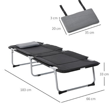Outsunny Folding Camping Bed Field Bed with Pillow 183x66x33cm Lightweight Portable for Outdoor Camping Black Silver