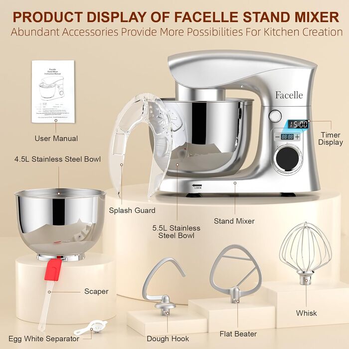 Кухонна машина-міксер Facelle 1500W з 5.5/4.5л чашею, 10+ програм, тиха робота, набір насадок (крюк, вінчик, віночок, захист від бризок)