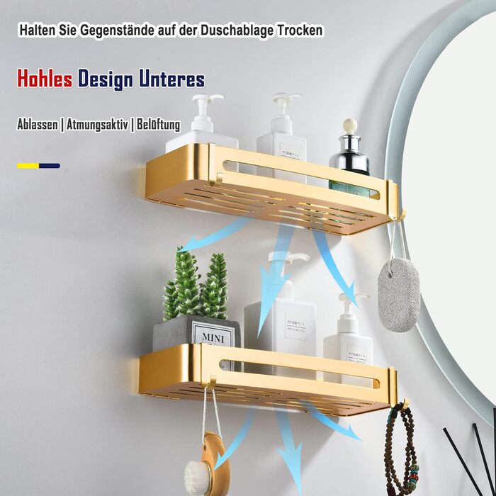 Shower Shelf No Drilling, Shower Rack Champagne Gold Bathroom Organizer with Hooks Wall Shelf for Bathroom Shower Basket, Bathroom Shelf for Toilet, Laundry Room and Shower Room, Aluminum Bathroom Shelf (2 Pack)