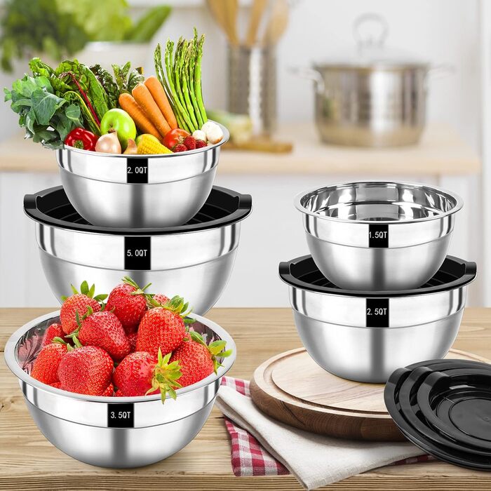 Wildone Mixing Bowl Set, 7-Piece Stainless Steel Bowl Set with Airtight Lids, Stackable, Dishwasher Safe, Sizes 5, 3.5, 2.5, 2, 1.5, 1, 0.67 QT, ideal for mixing and serving