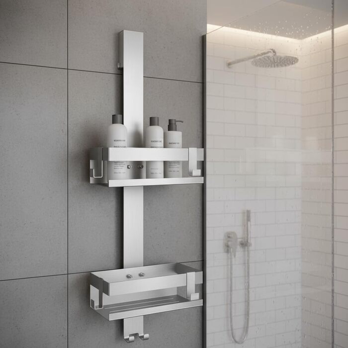 Полка для душу Melko з нержавіючої сталі без свердління, дзеркальний захист, кріплення для шампуню з гачками, підходить для душової кабіни з безрамковою скляною дверцями, антикорозійна, тримач для бритви та рушників