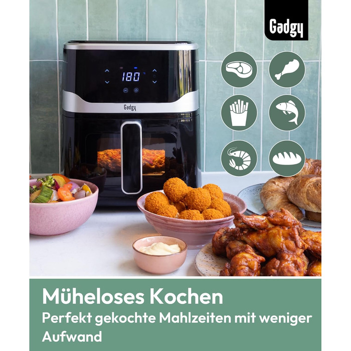 Фритюрниця без олії Gadgy 5L з цифровим дисплеєм та скляним вікном - Airfryer з антипригарним покриттям, 1400W, регулювання температури 80-200°C