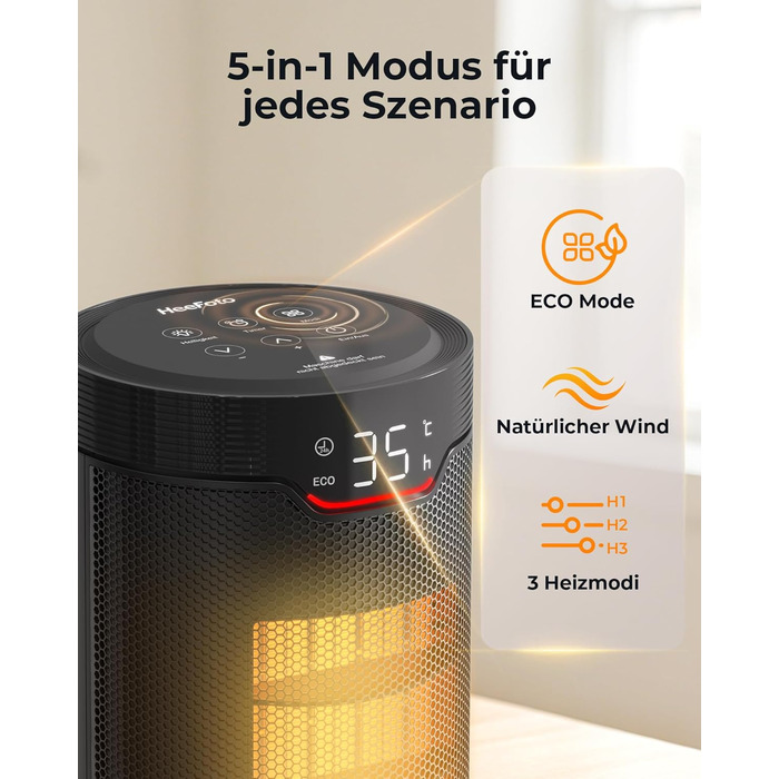 Електричний обігрівач: Економний, 1500W, тихий з таймером, захист від перекидання та перегріву, чорний