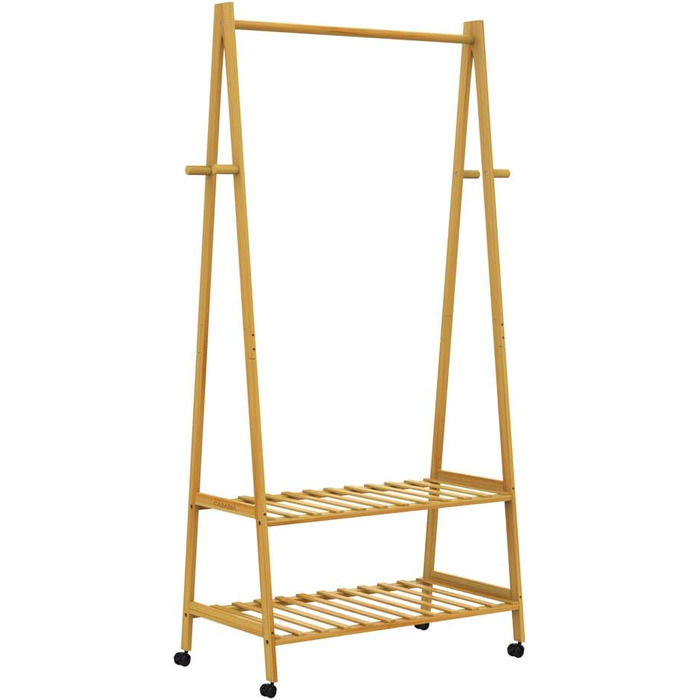 Casaria® Clothes Rack on Wheels Wood Stable Bamboo Clothes Rail Narrow with 4 Hooks 2 Shelves Open Coat Rack 155x70cm Entryway Coat Stand