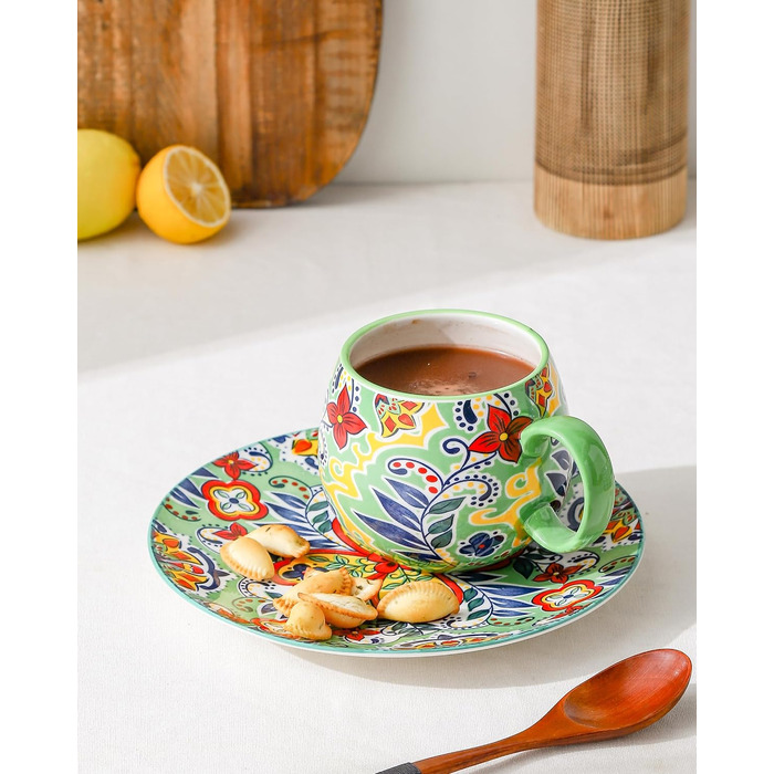 HENXFEN Cappuccino Cup Set, 600ml Porcelain Coffee Cups with Handle, Set of 6 Porcelain Cups for Tea, Coffee, Milk, Cappuccino with Pattern and Colorful - Bohemian Style