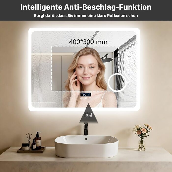 Дзеркало для ванної кімнати LUVODI з підсвічуванням 100x70 см: годинник, температура, дата, антизапар, регулювання яскравості, 3 кольори світла, функція пам'яті, LED, водонепроникність (60L x 80B см, 3x лупа + Bluetooth)