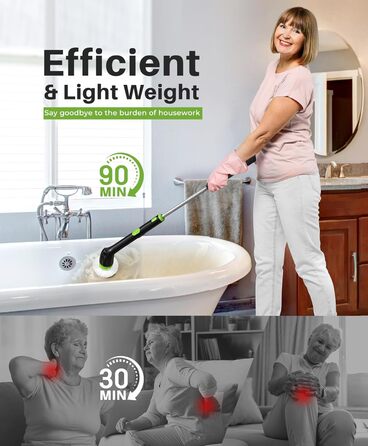 Електрична щітка для прибирання LyriFine, водонепроникна IPX7, з довгим руків'ям, 2 швидкості, змінна насадка, для ванної кімнати, білий (світло-зелений)