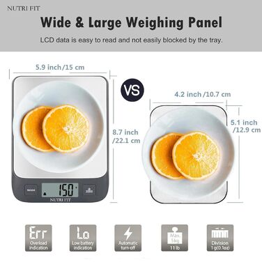 Кухонні ваги NUTRI FIT: цифрова вага з нержавіючої сталі, ультраплоска, LCD-дисплей, 5 кг, 4 одиниці вимірювання
