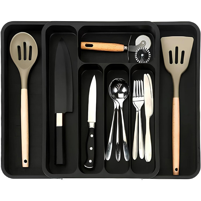 Органайзер для столових приборів в шухляду (28-47.5 см, XXL, чорний) - Розсувний лоток для ложок, виделок, ножів