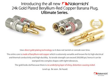 Бананові роз'єми Nakamichi Ultimate Series 24K позолочені берилієво-мідні конектори для акустичних кабелів 12-18 AWG, 4 мм, для HiFi колонок та підсилювачів, 10 шт (5 пар)