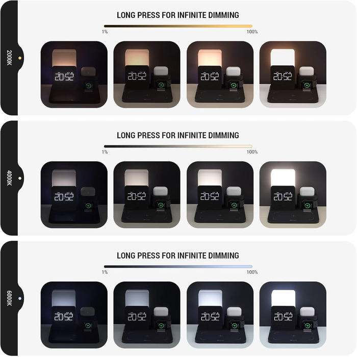 Бездротовий зарядний пристрій COLSUR 3 в 1: зарядка, нічник, будильник. Підходить для iPhone 16/15/14/13/12/11/X/8 Pro Max/Mini/Plus (Чорний)