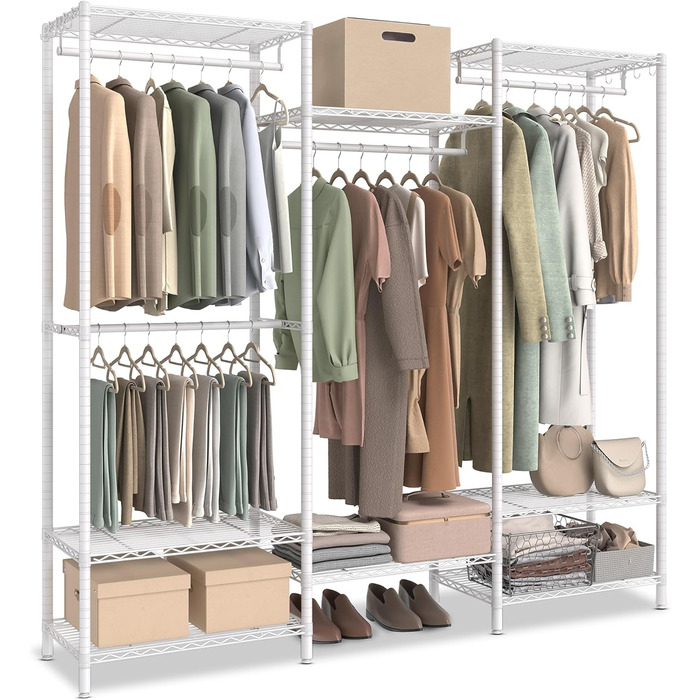SONGMICS Clothes Rack, Open Wardrobe, Metal Coat Rack, Coat Stand with Adjustable Shelves and Clothes Rails, Hooks, High Load Capacity, Detachable, Cloud White LGR431W01