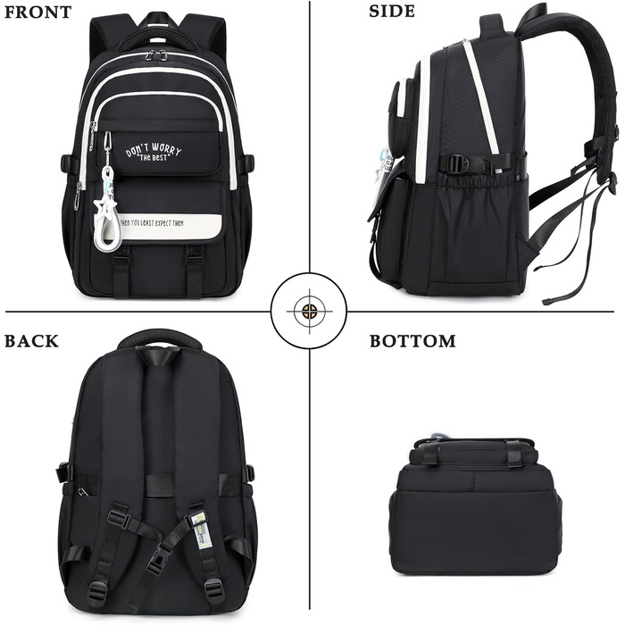 Шкільний рюкзак для підлітків дівчаток та хлопців, рюкзак у школу з багатьма кишенями, водонепроникний шкільний ранець великого розміру з відділенням для ноутбука 15,6' чорного кольору