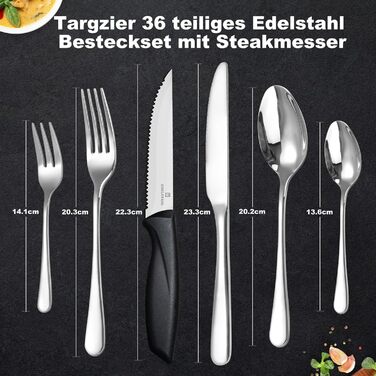 Набір столових приборів на 6 осіб, Targzier, 36 предметів, нержавіюча сталь, з ножем для стейку, для сім'ї/вечірки/готелю, чорний, придатний для миття в посудомийній машині