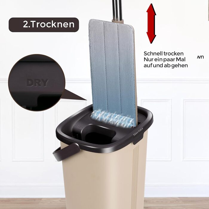 Набір для миття підлоги з відром, Masthome, компактний, з віджимом, 3 мікрофібрових насадок, нержавіюча сталь, 2 в 1, для дерев'яних, плиткових та мармурових підлог (Бежевий)