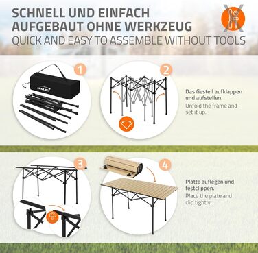 Стіл для кемпінгу Hauki, розкладний, коричневий, 118 x 55 x 64,5 см, алюмінієвий, з рулоючою стільницею, для відпочинку на природі, саду, балкону, подорожей, ринку, з сумкою (Бежевий (світле дерево))