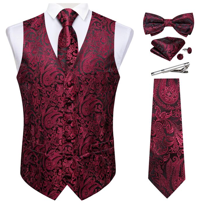 Набір DiBanGu для чоловіків: шовкова жилетка та краватка з візерунком Paisey, бант, формальна жилетка для весілля, вечірки, 6 шт. (L, Бордовий)