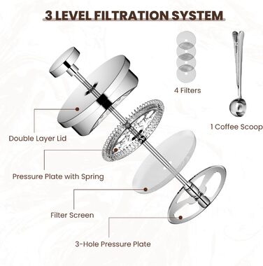 Velaze French Press Stainless Steel Coffee Maker, 350ML Coffee Maker for 2-3 Cups, Double-Walled French Coffee Press, Elegant Design, Coffee Pot with 5 Stainless Steel Filters and 1 Spoon