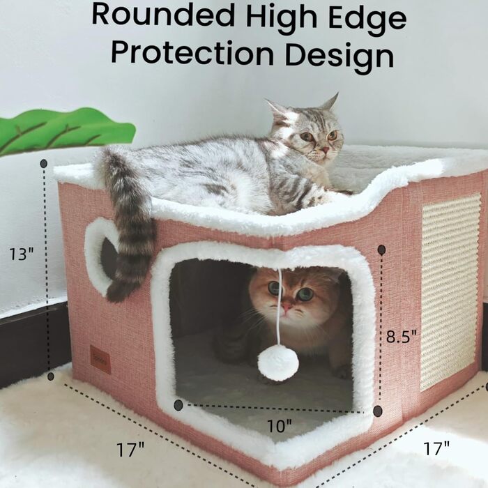 Spindro Cat Cave Cat Bed Large, Cat House Indoor Cat Sleeping Place with Removable Sherpa Cat Cushion and Hanging Toy, Cat Bed, Light Grey 42x42x33cm (2 level (42cmx42cmx33cm), Pink)