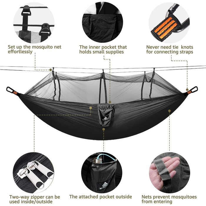 Гамак-москітна сітка NATUREFUN, 300 кг, 275x140 см, чорний