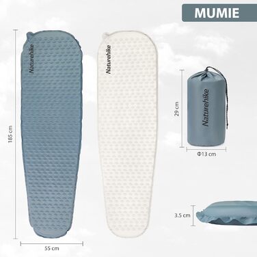 Кемпінговий килимок Naturehike надувний, самонадувний, 3 см, сірий (Mumie-Gray) - для кемпінгу, подорожей, автотуризму та піших прогулянок