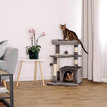 Дряпка для котів Lionto з лежаком та гrottoю, 75 см, з сизалевого мотузка та м'якого плюшу, 2 іграшки з дзвіночками, підходить для кошенят та дорослих котів (темно-сірий)