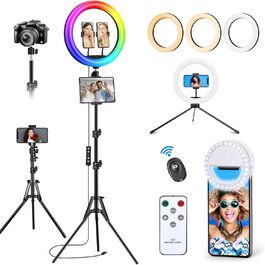 Кільцеве світло для зйомки відео 13 дюймів з штативом, 50 RGB режимів, регулювання яскравості, 193 см для YouTube, TikTok, макіяжу та фотографії