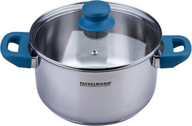 Каструля FACKELMANN Essential Ø20 см з нержавіючої сталі, ергономічні Softtouch-ручки, сучасний дизайн, підходить для всіх типів плит, блакитна каструля з кришкою 20 см