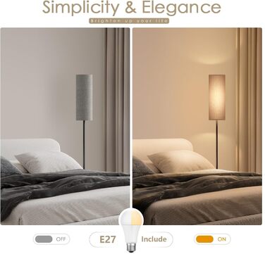 Світлодіодна торшерна лампа 9W з регулюванням яскравості, 3 колірні температури, тканинний абажур, вимикач на нозі, вінтажний дизайн, сірий колір