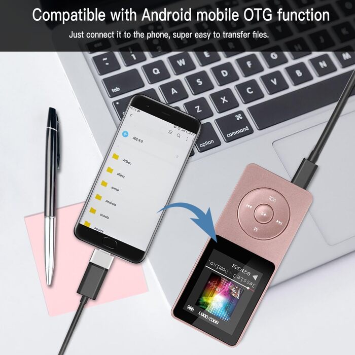 MP3 плеєр AGPTEK 16GB з екраном 1.8 дюйма, 70 годин відтворення, FM радіо, підтримка TF карт до 128GB, рожеве золото