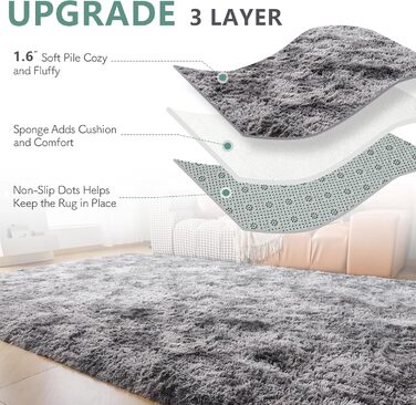 CHOSHOME: М'який килим для спальні/вітальні, сучасний, високий ворс, антиковзаюча підкладка, для дитячої кімнати, шэггі, 90x150 см, 200x290 см (темно-сірий)