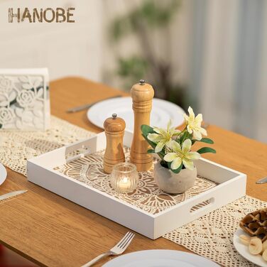 Hanobe Rectangular Wooden Tray Decor Serving Tray: Boho Decor Tray Flowers Wood Tray with Handle White Small Candle Trays Farmhouse Candle Tray for Coffee Table Tealight Kitchen Table