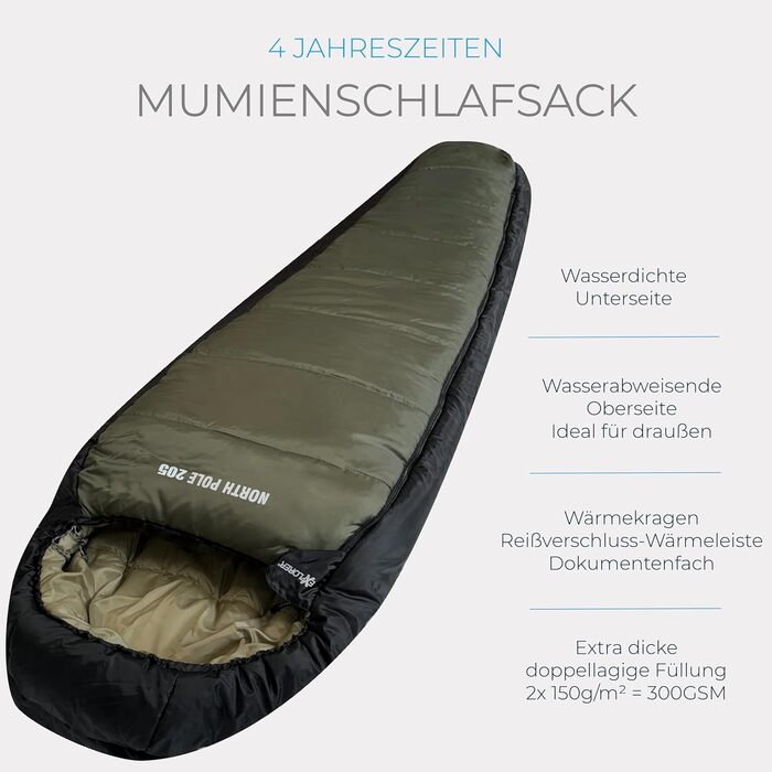 Сплячий мішок Northpole 205 RECHTS для туризму та кемпінгу -3°C до -21°C, 3-4 сезони, водонепроникна підкладка, YKK Zip, дорослий
