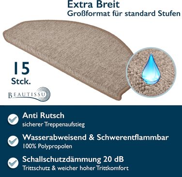 Beautissu Non-Slip Stair Treads - 55x15 cm - 15 Pack - Self-Adhesive Indoor Stair Mats - Carpet Stair Treads for Narrow Stairs - ProStair - Sand Color