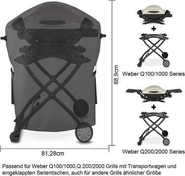 Чохол для гриля Weber Q 1000/2000 з візком, водонепроникний 600D Oxford, для моделей 50060001, 51060001, 54060001, міцний BBQ аксесуар