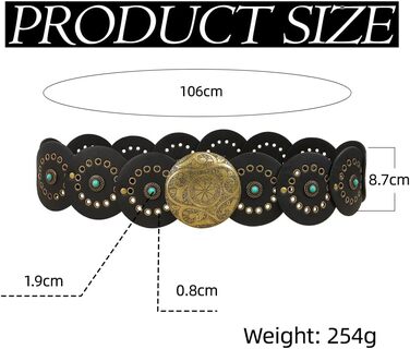 Жіночий ремінь TOFBS в стилі бохо, колір бірюзовий, металевий, широкий, регульований, для джинсів та суконь (Чорний)