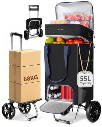 Тролей для покупок Ytonet: складаний, з відділенням для охолодження, 55 літрів, 68 кг, 3-в-1 (сумка-тележка, сумка для покупок), чорний