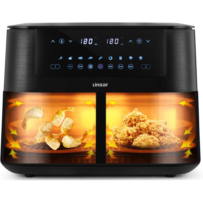 Фритюрниця Linsar з подвійною зоною та двома кошиками, 8л, з сенсорним екраном, 9 режимів, Dual Cook, чорний