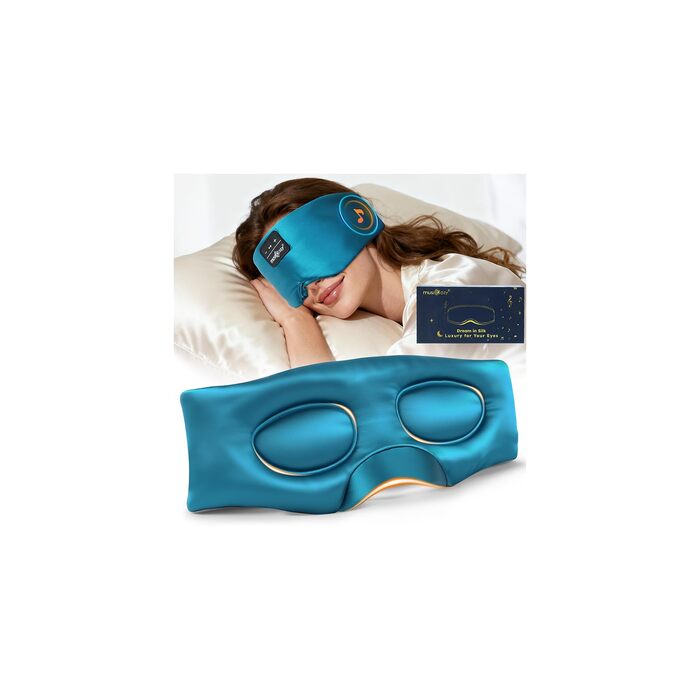 Маска для сну MUSICOZY Bluetooth з навушниками, шовкова 100% (шовк мульбері), 3D для зручного сну на боці, повна темрява, м'яка, дихаюча, акумулятор 14 годин, зелена