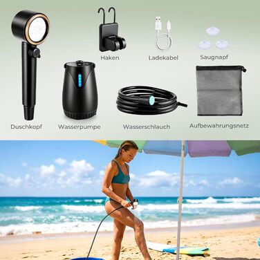 Портативний душ для кемпінгу Campingdusche з акумулятором 8000mAh, 3 режими, дисплей температури, шланг - для кемпінгу, піших прогулянок, домашніх тварин (Чорний)